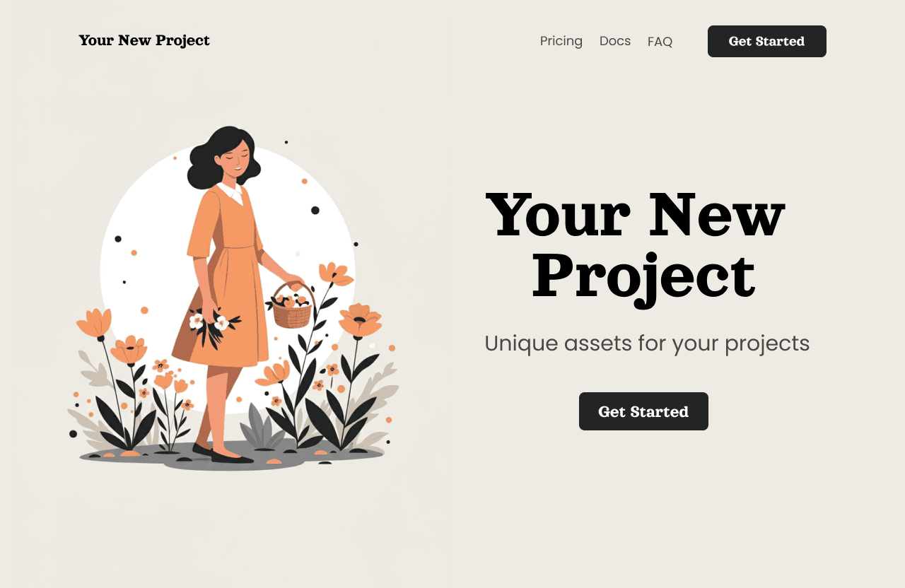 sample landing page with a girl gathering flowers asset