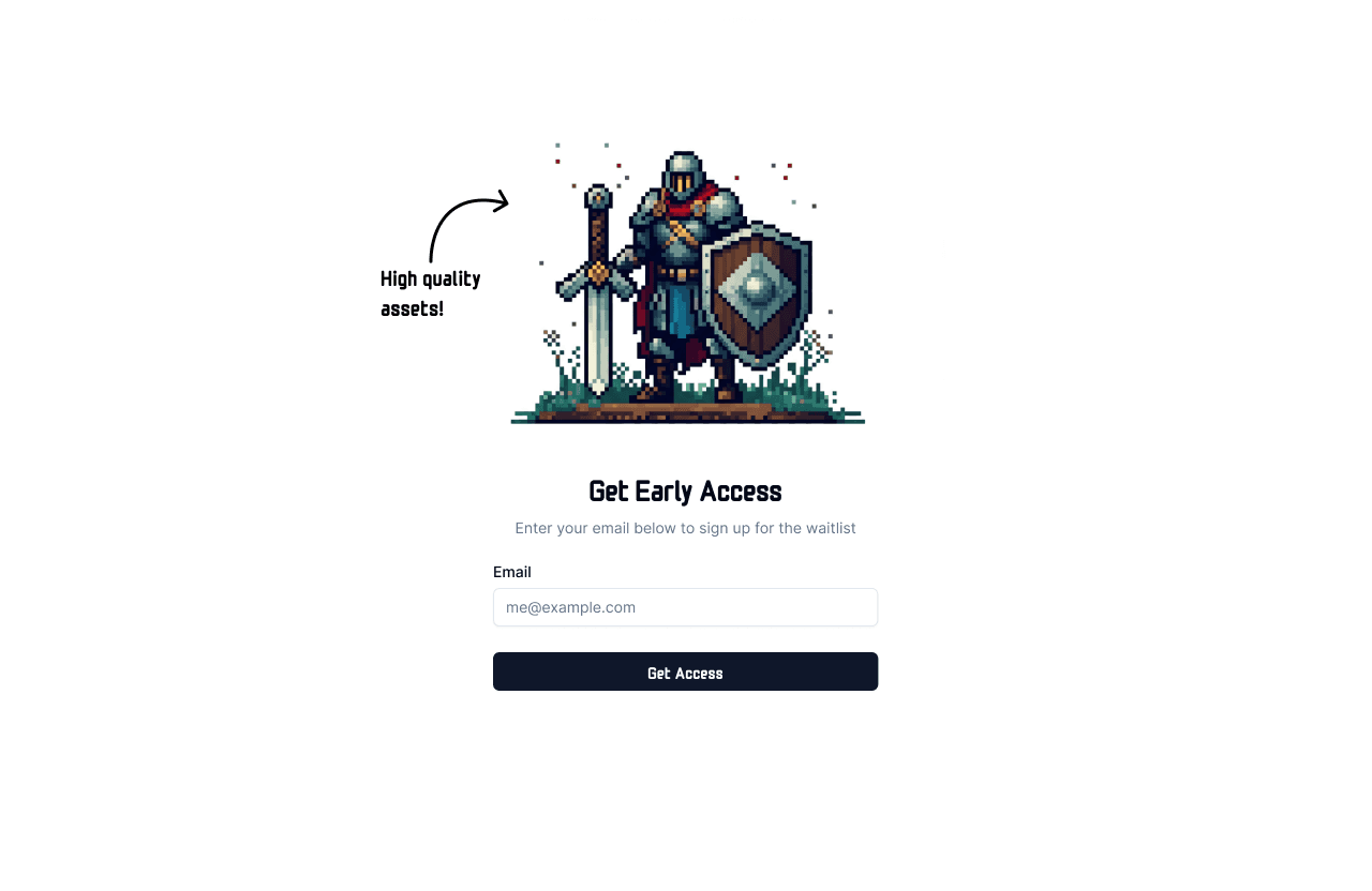 sample waitlist sign up with a pixel knight asset